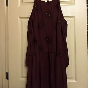 Burgundy dress with bare shoulders